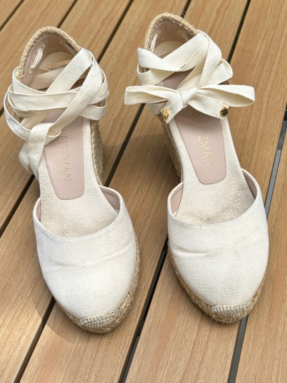 Stuart Weitzman Cream Canvas Espadrille Wedge Sandals with Ankle Wrap